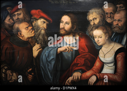 Lucas Cranach der ältere (1472-1553). Deutscher Maler. Christus und die Ehebrecherin. Museum der bildenden Künste. Budapest. Ungarn. Stockfoto