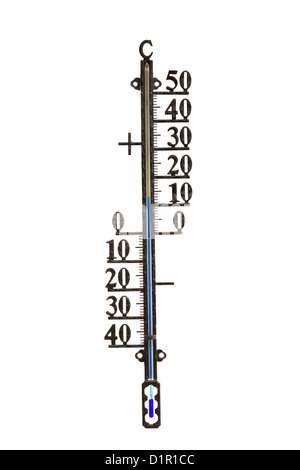 Wetter-Thermometer zeigt die Temperatur in Grad Celsius mit positiven und negativen Zahlen auf einem weißen Hintergrund isoliert Stockfoto