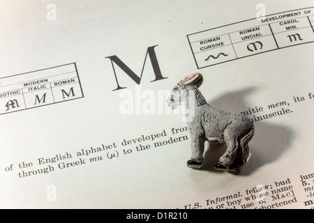 Der Buchstabe M In das Wörterbuch mit Spielzeug Maultier, Stillleben Stockfoto