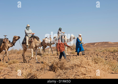 Marokko, M' Hamid, Erg Chigaga. Wüste Sahara. Kamel-Treiber, Kamel-Karawane und Touristen machen sieben-Tage-Tour durch die Wüste. Stockfoto