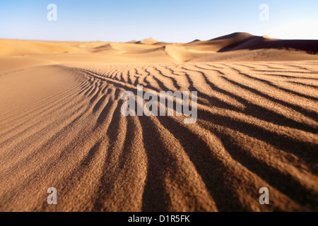 Marokko, M' Hamid, Erg Chigaga Dünen. Wüste Sahara. Rippelmarken Detail. Stockfoto