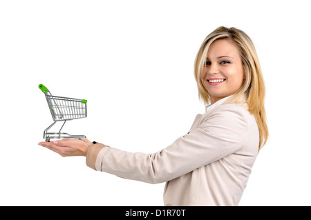 Frau mit Warenkorb isoliert in weiß Stockfoto