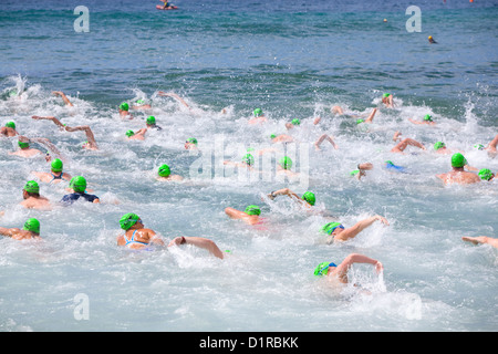 Schwimmer nehmen am Avalon Beach Ocean Swim Race Teil, das im Rahmen der Pittwater Ocean Swim Reihe von Veranstaltungen in Sydney, NSW, Australien stattfindet Stockfoto