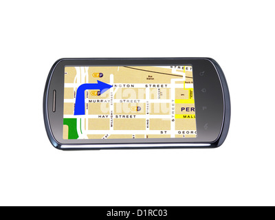 Ein modernes Smartphone mit Gps auf weiß Stockfoto