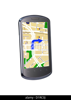 Ein modernes Smartphone mit Gps auf weiß Stockfoto