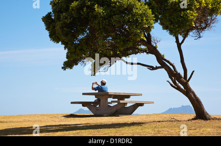 Ein Mann sitzt an einem Picknicktisch mit dem fotografieren. Waipu Beach, Northland, Nordinsel, Neuseeland Stockfoto