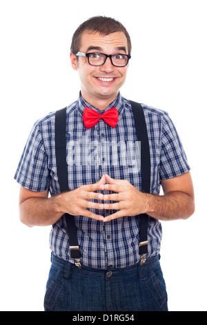 Portrait von ekstatischen glücklich Nerd Mann, isoliert auf weißem Hintergrund. Stockfoto