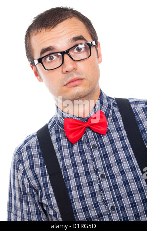 Nahaufnahme von schweren überrascht Nerd Mann auf der Suche, isoliert auf weißem Hintergrund. Stockfoto