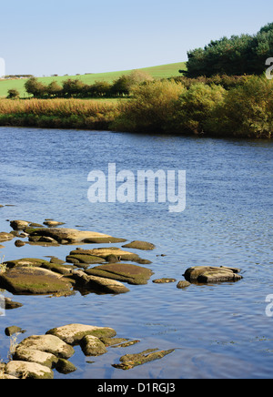 Paxton House Estate, Berwickshire, stattliches Haus neben dem Fluss Tweed - Steinen im Fluss Stockfoto