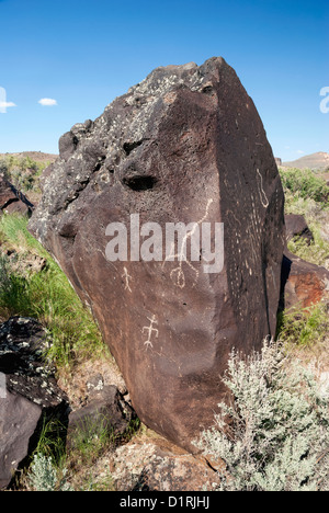 Petroglyphen auf einem Fels im Owyhee Wüste, Oregon. Stockfoto