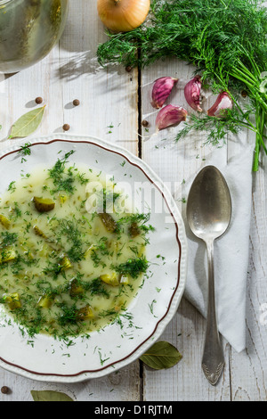 Close-up auf einen Teller mit Gurken-Suppe mit dill Stockfoto