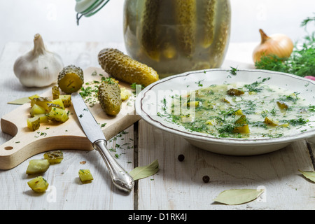 Close-up auf Suppe, saure Gurken und frischem Gemüse Stockfoto