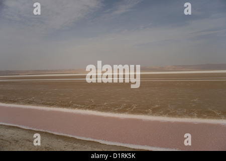 Blick vom Damm und Straße über den Salzsee Chott El Jerid von Tozeur, Tebili in der Wüste Sahara in Tunesien Stockfoto