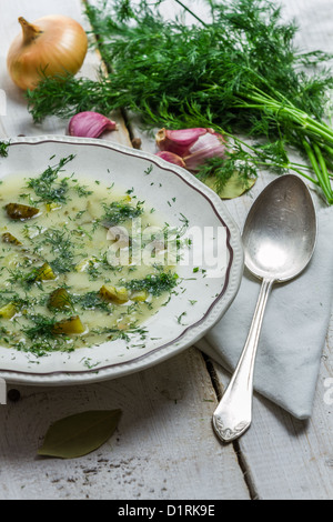 Suppe mit Dill Gurke auf alten Holztisch Stockfoto