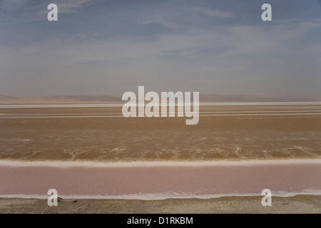 Blick vom Damm und Straße über den Salzsee Chott El Jerid von Tozeur, Tebili in der Wüste Sahara in Tunesien Stockfoto