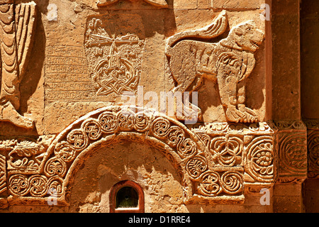 Armenische bas Reliefs an der Außenseite des 10. Jahrhunderts armenisch-orthodoxe Kathedrale des Heiligen Kreuz auf der Insel Akdamar, See Van Türkei Stockfoto