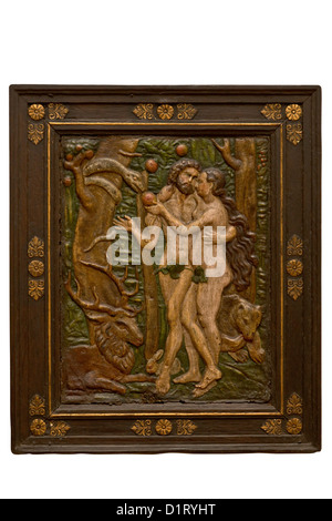 Alte Holz geschnitztes Bild von Adam und Eva im Garten Eden Stockfoto