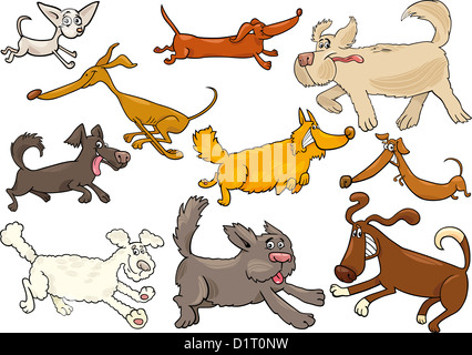 Cartoon Illustration verschiedene spielerische laufen Hunde oder Welpen-Set Stockfoto