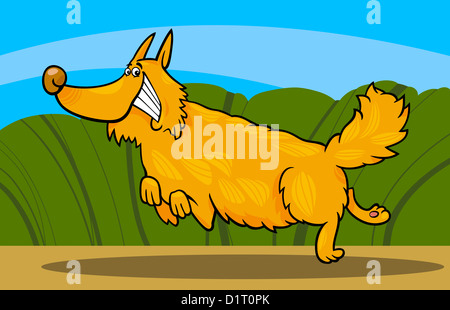 Cartoon Illustration lustig Shaggy Dog gegen ländliche Szene laufen Stockfoto