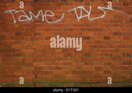 Graffiti-Tag am roten Backsteinmauer in weißer Farbe Stockfoto