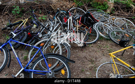 Haufen alter Fahrräder auf der Gartendeponie Stockfoto