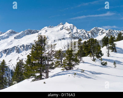 Zillertertal Alpen im Nationalpark Hohe Tauern im Winter. Sonnenaufgang über dem Mt Reichenspitze und Mt Gabler, Österreich. Stockfoto