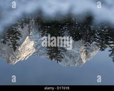 Gipfel der Zugspitze (2962m), Deutschlands höchstem Berg, während des Winters spiegelt sich im See Eibsee. Deutschland, Bayern, Stockfoto