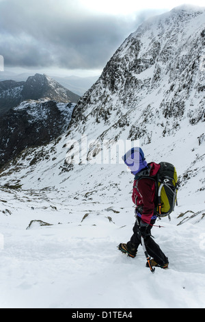 Ein Hillwalker auf Snowdon unter winterlichen Bedingungen Stockfoto