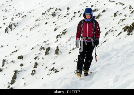 Ein Hillwalker auf Snowdon unter winterlichen Bedingungen Stockfoto