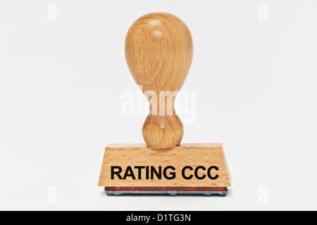 Detail-Foto von einem Stempel mit der Aufschrift Rating CCC, Hintergrund weiß Stockfoto
