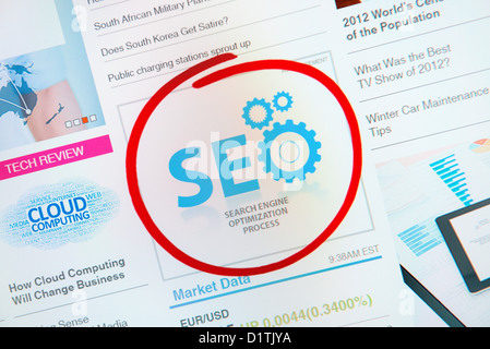 Erfolg Internet-Banner-Werbung mit Text "SEO" und rot umkreisen Auswahl. Stockfoto