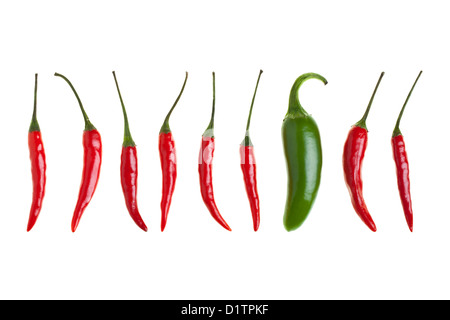 Bird Eye Chilis und eine Jalapeno Chili in Folge isoliert auf weißem Hintergrund Stockfoto