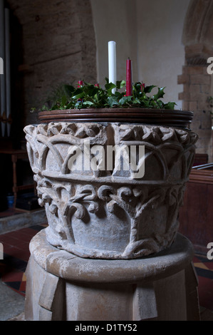 Die Schriftart, Holy Trinity Church, Hinton in Hecken, Northamptonshire, England, UK Stockfoto