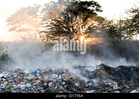 Hausmüll auf der Straße verbrannt. Andhra Pradesh, Indien Stockfoto