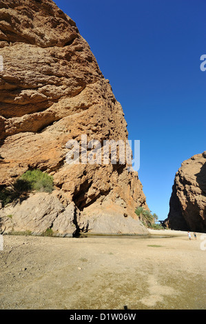 Die Schlucht mit in der Nähe von senkrechten Felswand führt zu der Oase Wadi Shab; Sharqiya, Oman. Stockfoto