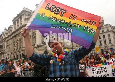 Aktivist mit einer Regenbogenfahne in London Pride parade Stockfoto