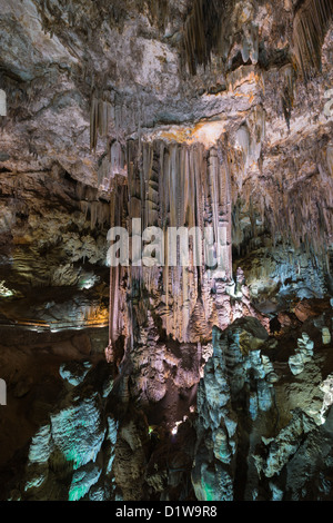 Höhlen von Nerja. Beleuchteten Galerien von Kalkstein-Formationen. Der größte Stalagmit in der Welt in der Halle des Kataklysmus. Stockfoto