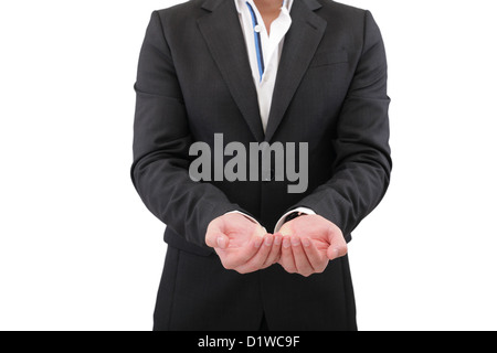 Halten, geben, empfangen oder Anzeichen von Hand isoliert auf weißem Hintergrund Stockfoto