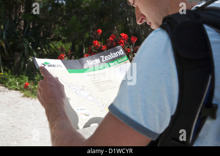 Ein männlicher Backpacker Lesen einer Karte von Neuseeland. Stockfoto