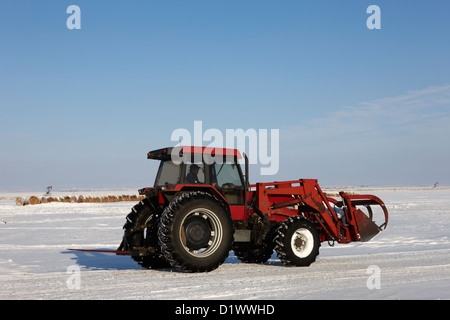 internationalen 5140 Schlepper mit Frontlader auf gefrorene Feld vergessen Saskatchewan Kanada Stockfoto