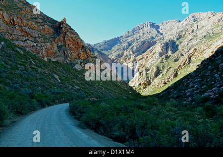 Unbefestigte Straße schlängelt sich durch Bergschlucht in Swartberg Mountains, Western Cape, Südafrika Stockfoto