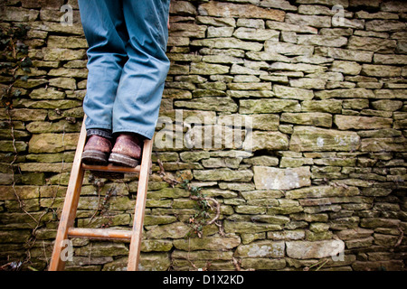 Steinmetzen bei der Arbeit, Aufbau einer Trockenmauer cotswold Stockfoto