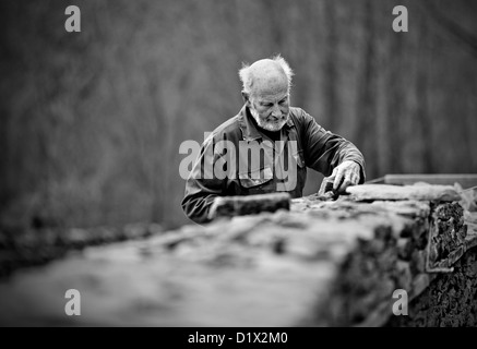 Steinmetzen bei der Arbeit, Aufbau einer Trockenmauer cotswold Stockfoto