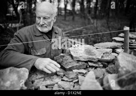 Steinmetzen bei der Arbeit, Aufbau einer Trockenmauer Cotswold Stockfoto