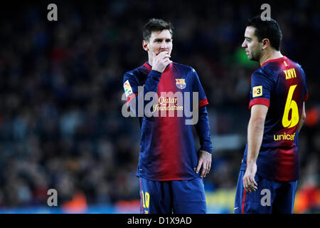 Lionel Messi, Xavi (Barcelona), 6. Januar 2013 - Fußball / Fußball: Spanisch "Liga Espanola" match zwischen FC Barcelona 4: 0 RCD Espanyol Barcelona im Camp Nou in Barcelona, Spanien. (Foto von D.Nakashima/AFLO) Stockfoto