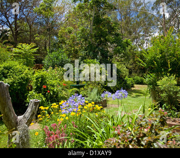 Garten Park von bunten Blumen mit Wiese und Wald von Bäumen Stockfoto