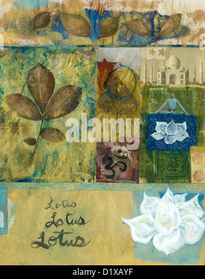 Yoga Mixed-Media Kunst Collage mit Blättern und Lotusblüten und das Taj Mahal. Stockfoto