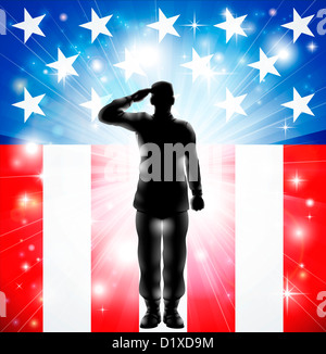 US militärische Streitkräfte Soldat in Silhouette salutieren vor einer amerikanischen Flagge Hintergrund Stockfoto