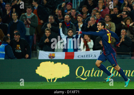 Pedro Rodriguez (FC Barcelona) reagiert nach seinem Tor gegen RCD Espanyol, während La Liga Fußballspiel zwischen FC Barcelona und RCD Espanyol, im Camp Nou Stadion in Barcelona, Spanien, Sonntag, 6. Januar 2013. Foto: S.Lau Stockfoto