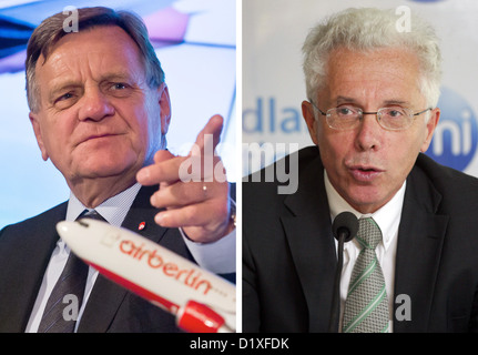 Datei - Datei Foto datiert 18. Dezember 2012 zeigt Air Berlin Vorsitzender Hartmut Mehdorn (L) bei einer Pressekonferenz in Berlin, Deutschland, und sein Nachfolger Wolfgang Prock-Schauer, im Bild 14. Oktober 2011 in Amritsar, Indien. Berichten zufolge, das seine Stellung an der unruhigen Fluggesellschaft Air Berlin Mehdorn entzogen hat. Nachfolger wird durch Prock-Schauer. Foto: MICHAEL KAPPELER / Raminder Pal Singh Stockfoto